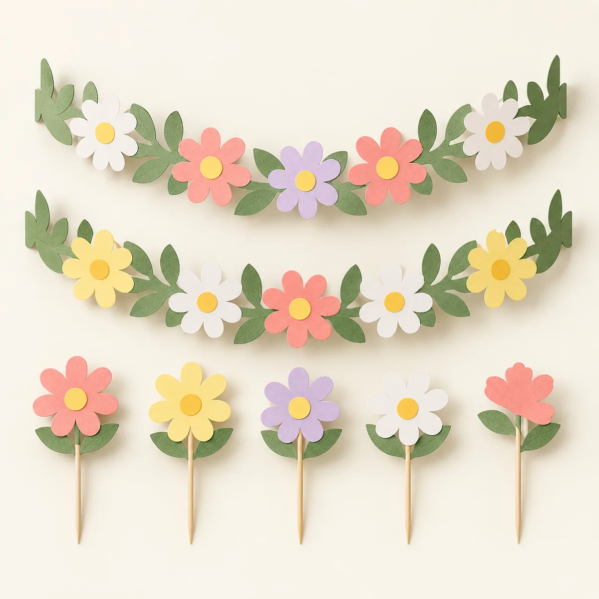 Paper Flower Cake Wrap and Toppers — Floral cake toppers product concept / 纸花蛋糕围边与插牌套装，花卉蛋糕插牌产品示意图